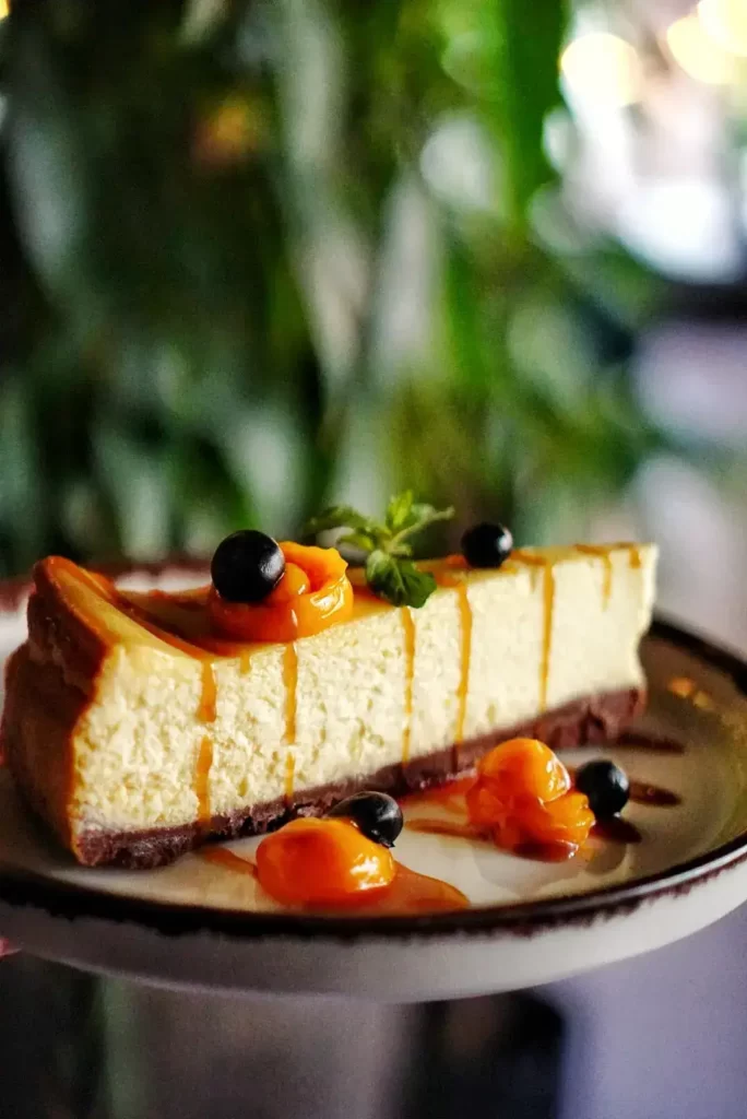 Na nowoczesnym talerzu znajduje się smakowity kawałek sernika, w kształcie podłużnego trójkąta. Z sernika apetycznie spływa karmel, obok ciasta znajdują się coulis owocowe.